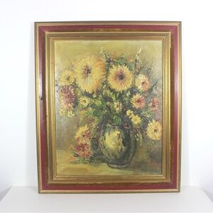 Large Antique Floral Still Life Oil Painting Texture Dahlias Red and Gold Gilt